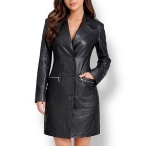 Vintage Black Leather Longline Coat LUnivers Du Luxe Size 40 Classic Minimalist